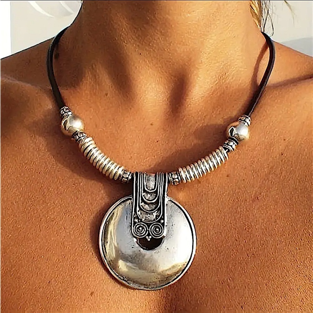 Boho Silver Statement Tribal Choker Necklace